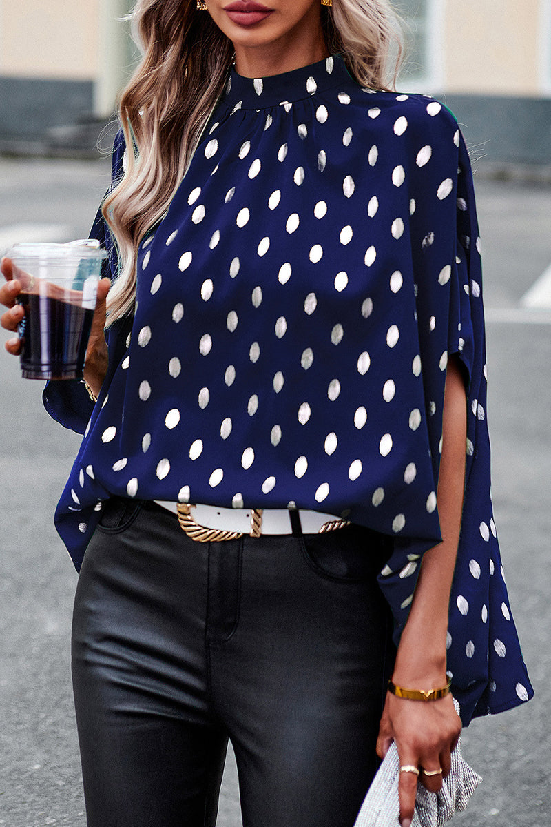 British Style Elegant Polka Dot Bandage Mandarin Collar Tops