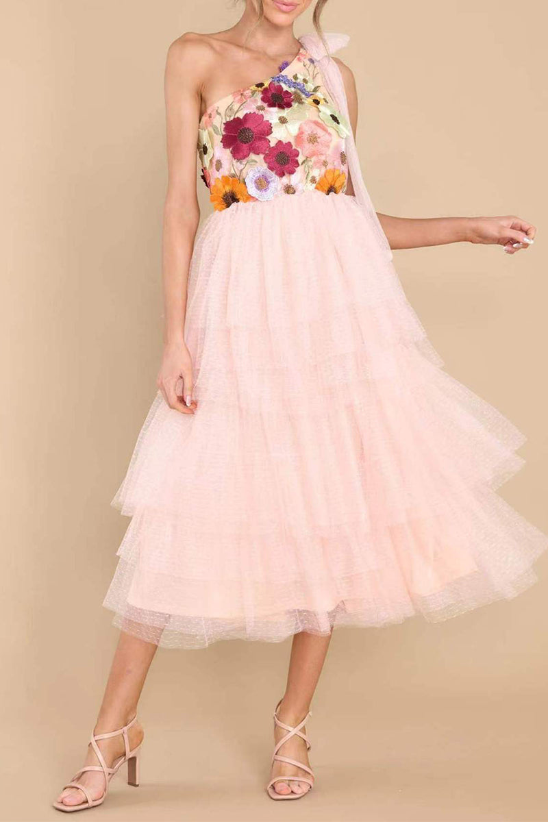 Elegant Patchwork Appliques Oblique Collar Princess Dresses