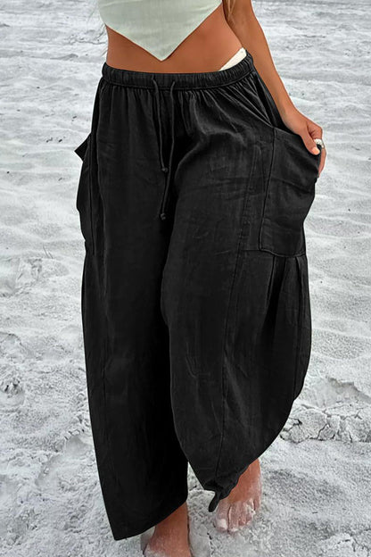 Casual Simplicity Solid Pocket Loose Mid Waist Wide Leg Solid Color Bottoms Black