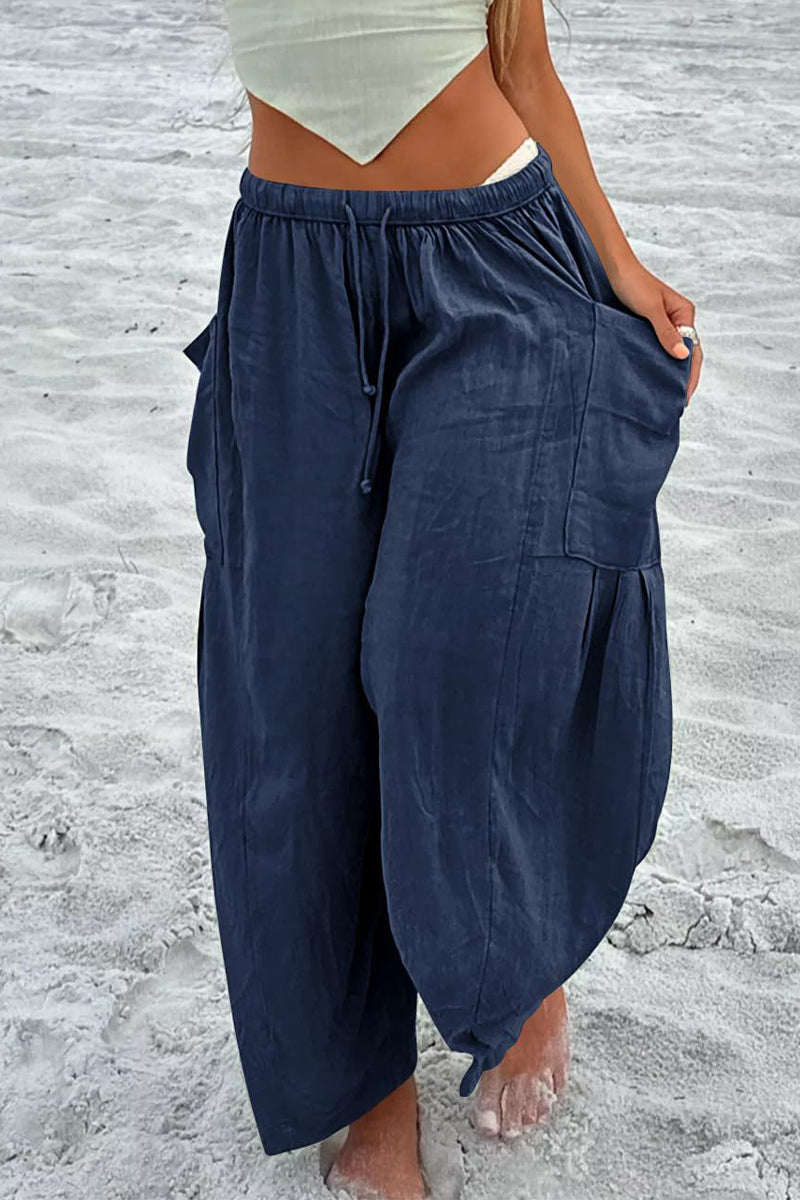 Casual Simplicity Solid Pocket Loose Mid Waist Wide Leg Solid Color Bottoms Deep Blue