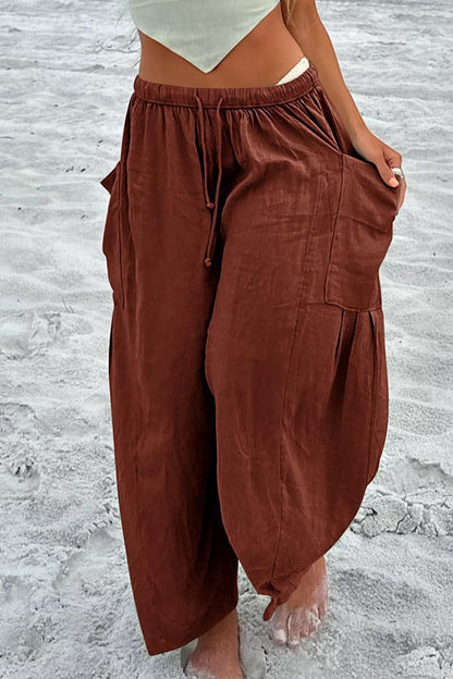 Casual Simplicity Solid Pocket Loose Mid Waist Wide Leg Solid Color Bottoms Coffee