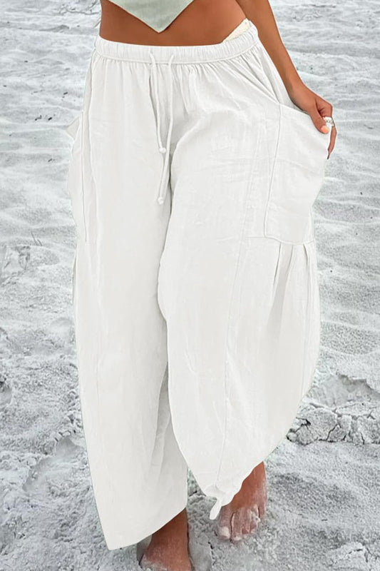 Casual Simplicity Solid Pocket Loose Mid Waist Wide Leg Solid Color Bottoms White