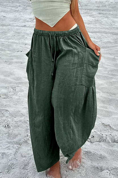 Casual Simplicity Solid Pocket Loose Mid Waist Wide Leg Solid Color Bottoms Green