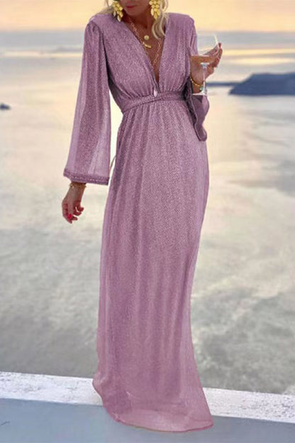 Fashion Elegant Solid Patchwork Fold V Neck Evening Dress Dresses