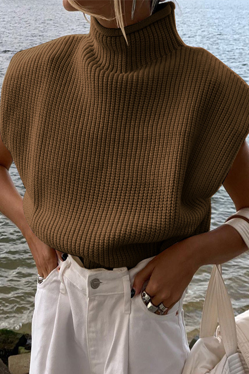 Casual Solid Turtleneck Tops Dark Brown