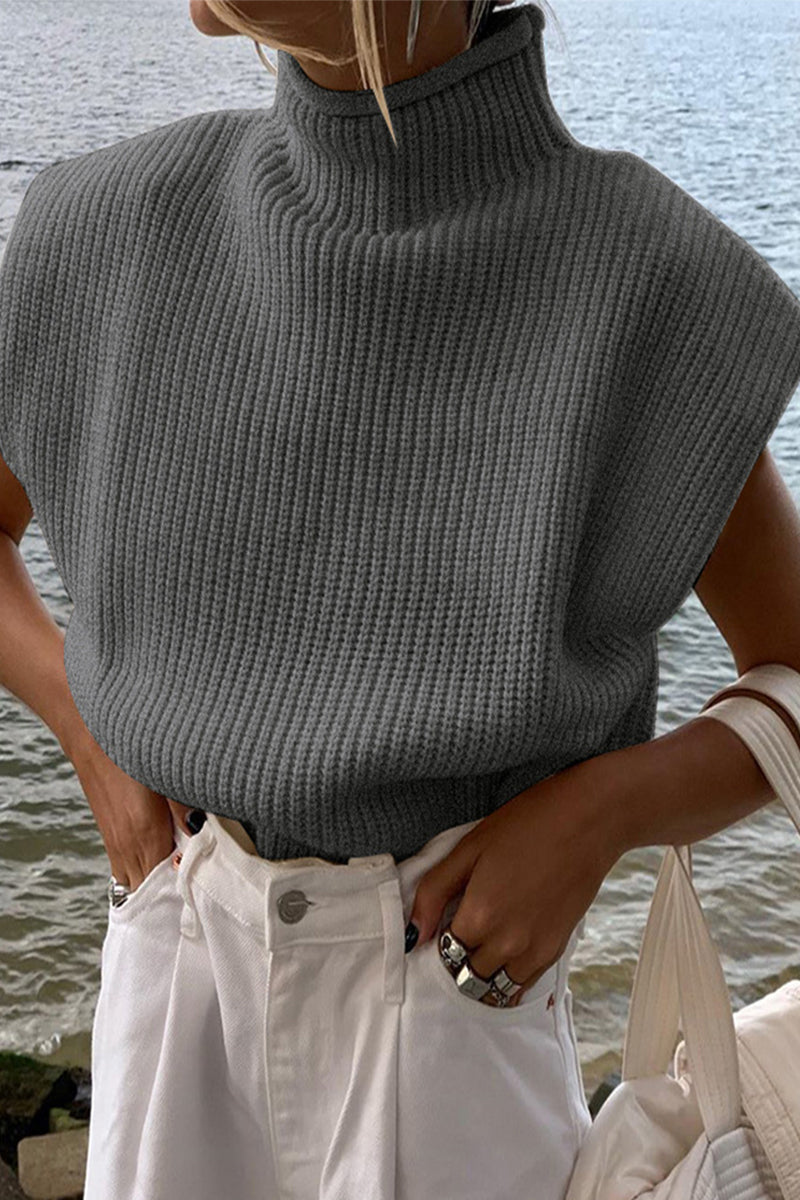 Casual Solid Turtleneck Tops Grey