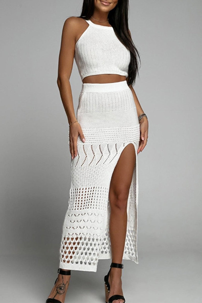 Sexy Vacation Solid Patchwork Slit O Neck Sleeveless Two Pieces White