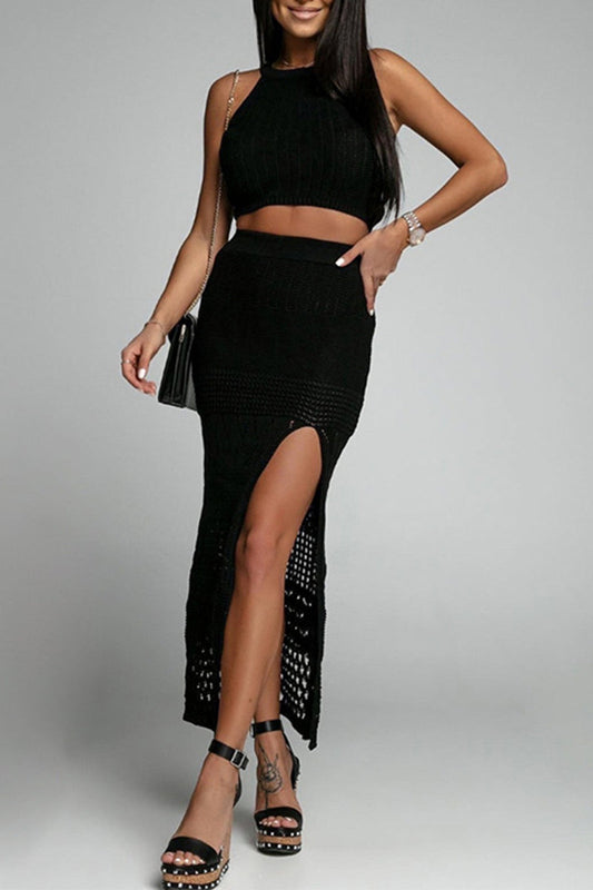 Sexy Vacation Solid Patchwork Slit O Neck Sleeveless Two Pieces Black