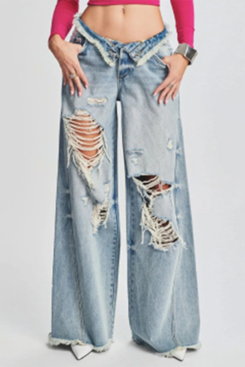 Casual Solid Ripped Patchwork Mid Waist Regular Denim Jeans (Subject To The Actual Object,4 Colors)