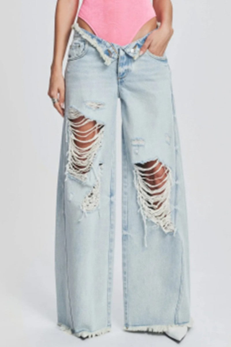 Casual Solid Ripped Patchwork Mid Waist Regular Denim Jeans (Subject To The Actual Object,4 Colors)