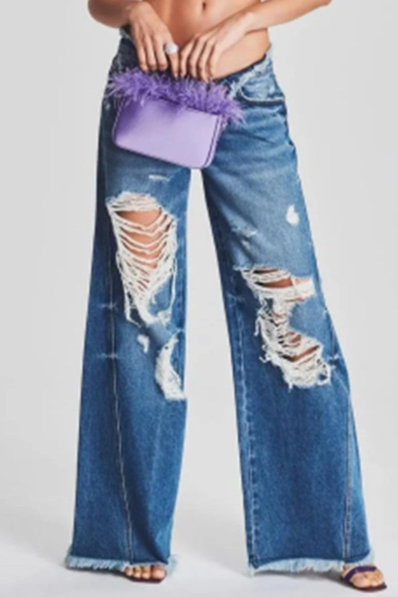 Casual Solid Ripped Patchwork Mid Waist Regular Denim Jeans (Subject To The Actual Object,4 Colors)