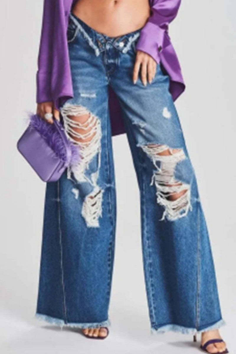 Casual Solid Ripped Patchwork Mid Waist Regular Denim Jeans (Subject To The Actual Object,4 Colors)