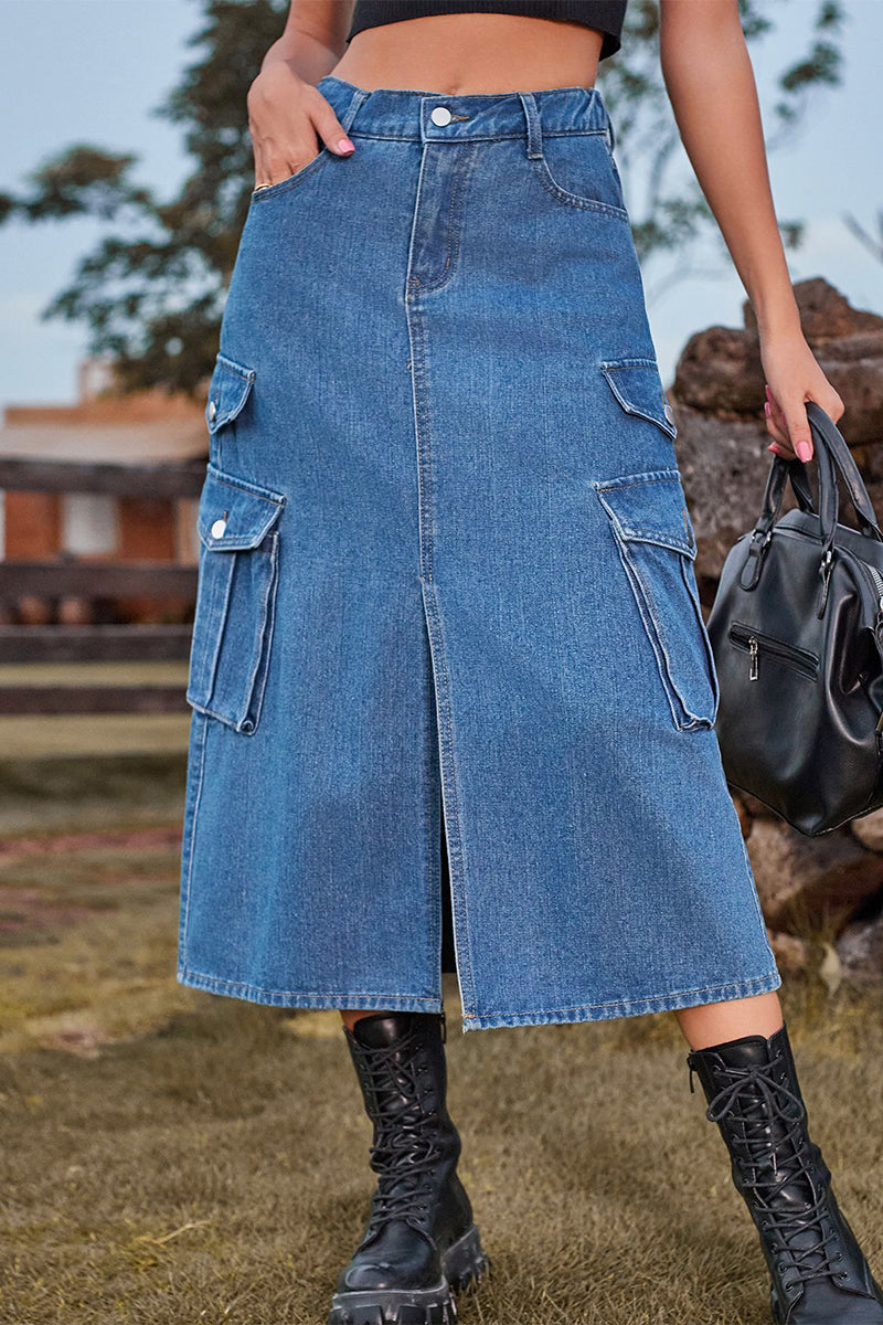 Casual Street Solid Slit High Waist Denim Skirts