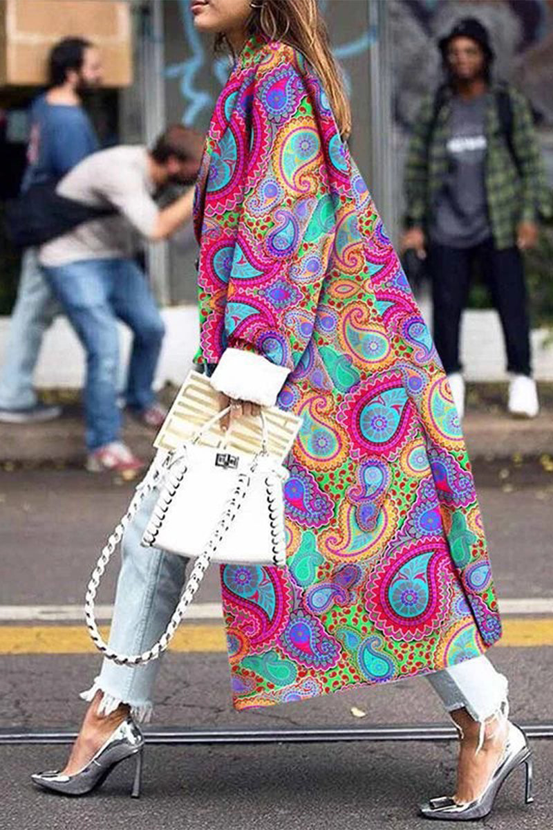 Street Elegant Print Patchwork Turn-back Collar Outerwear(5 Colors)