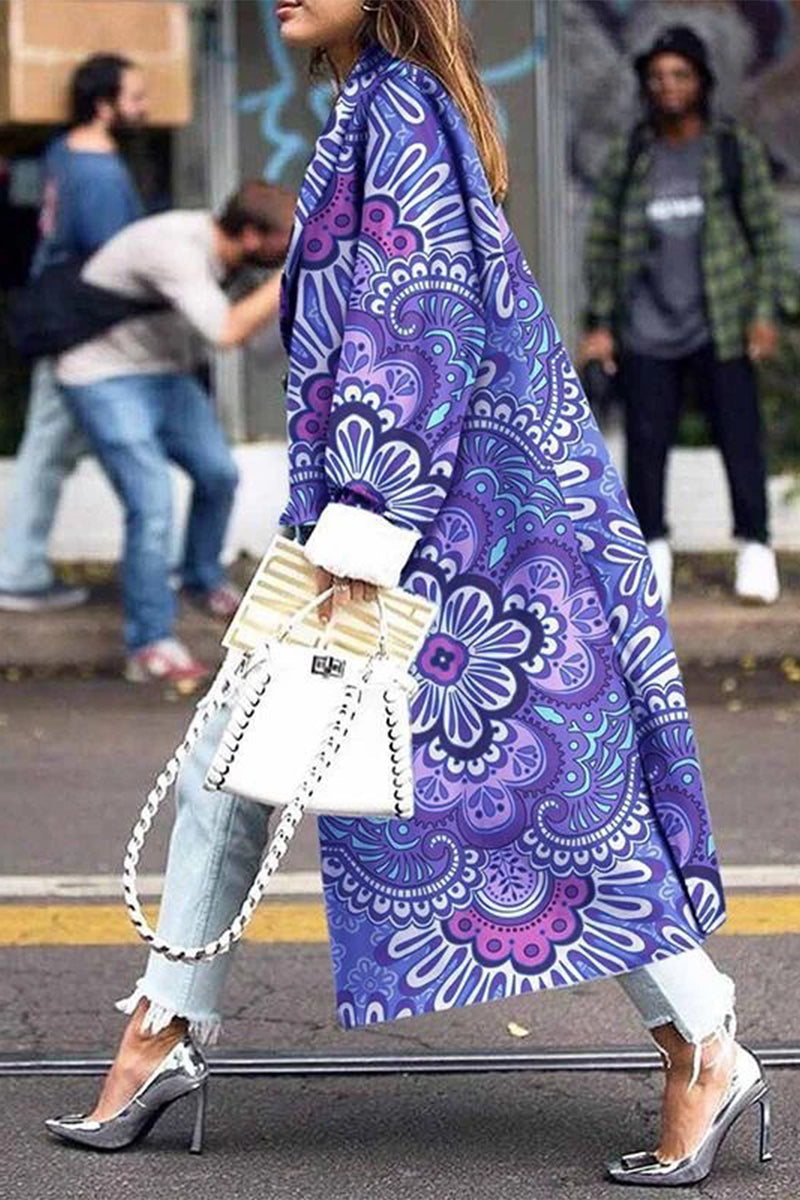 Street Elegant Print Patchwork Turn-back Collar Outerwear(5 Colors)