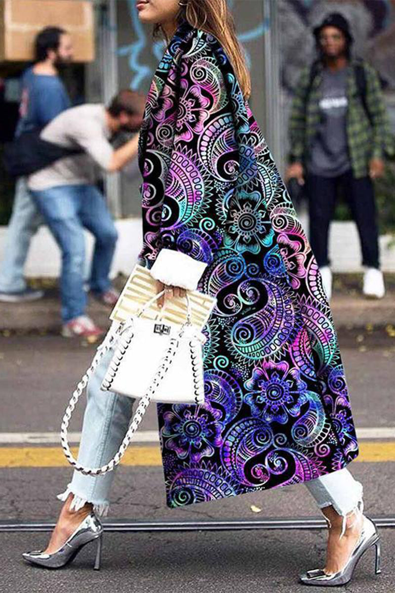 Street Elegant Print Patchwork Turn-back Collar Outerwear(5 Colors)