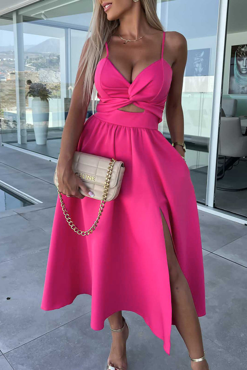 Sexy Celebrities Solid Hollowed Out Pocket Slit V Neck Evening Dress Dresses