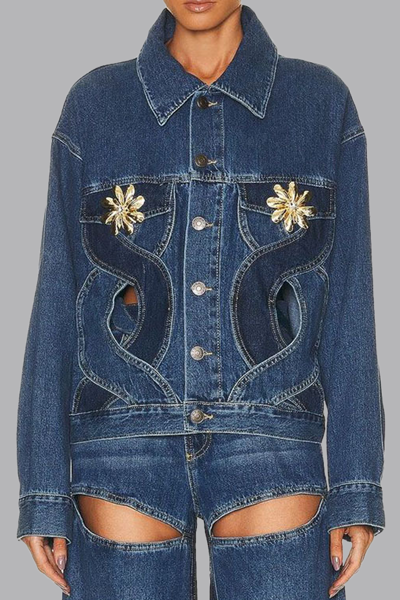 Casual Color Lump Solid Hollowed Out Buttons Metal Accessories Decoration Turndown Collar Long Sleeve Regular Denim Jacket