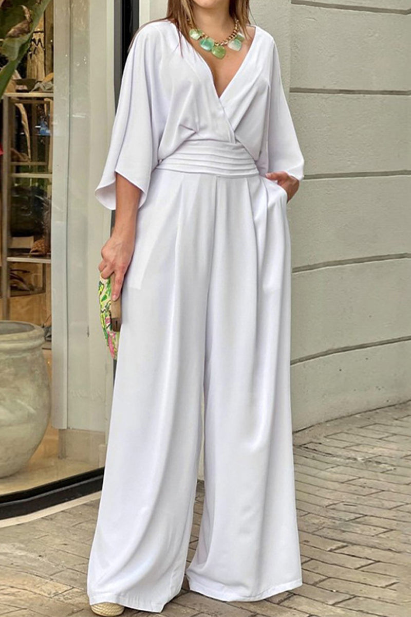 Elegant Solid Fold V Neck Loose Jumpsuits(3 Colors) White