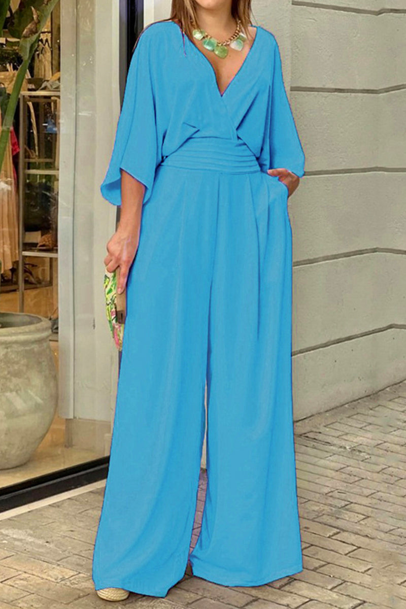 Elegant Solid Fold V Neck Loose Jumpsuits(3 Colors) Peacock Blue