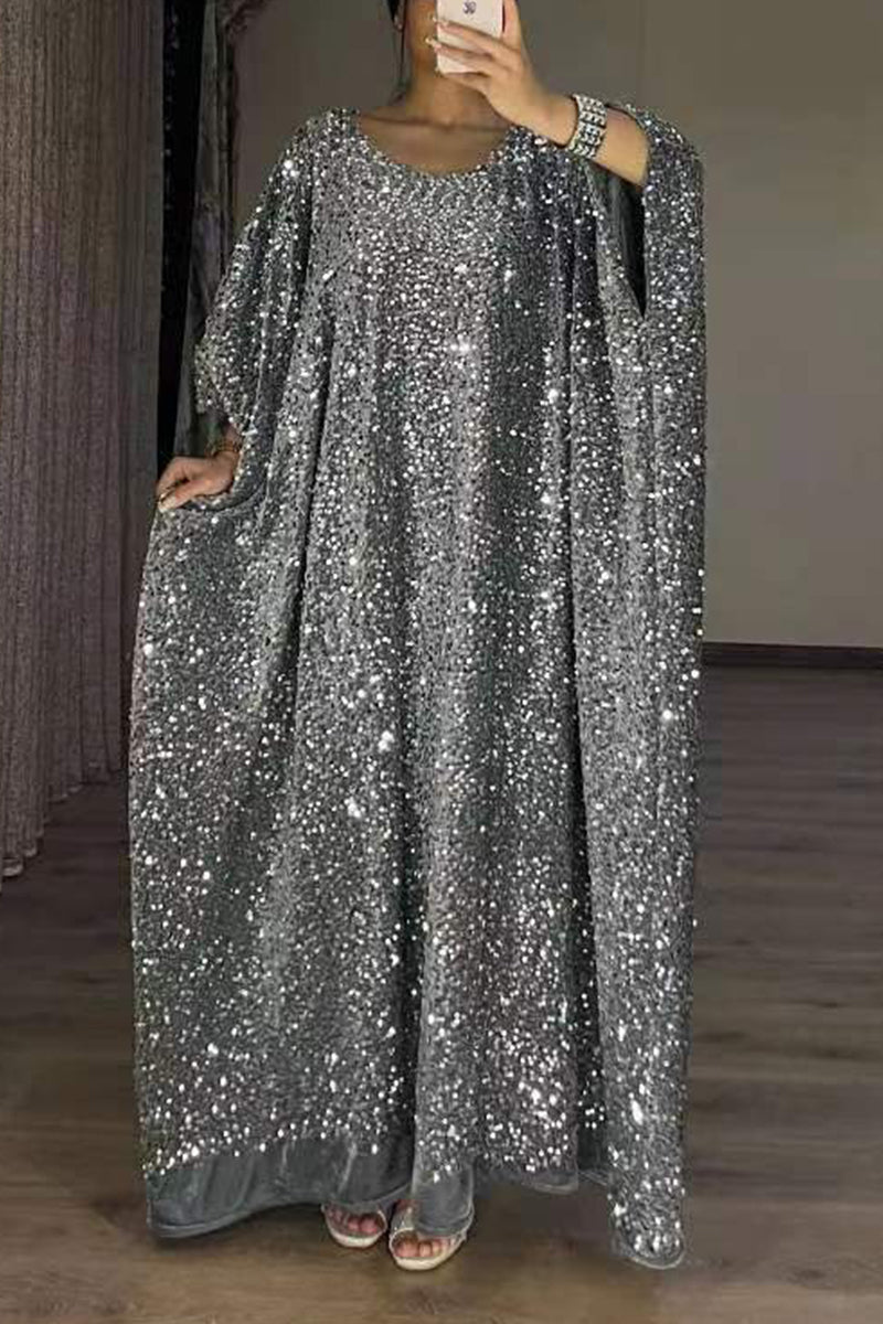 College Solid Sequins Sequined U Neck Long Sleeve Dresses