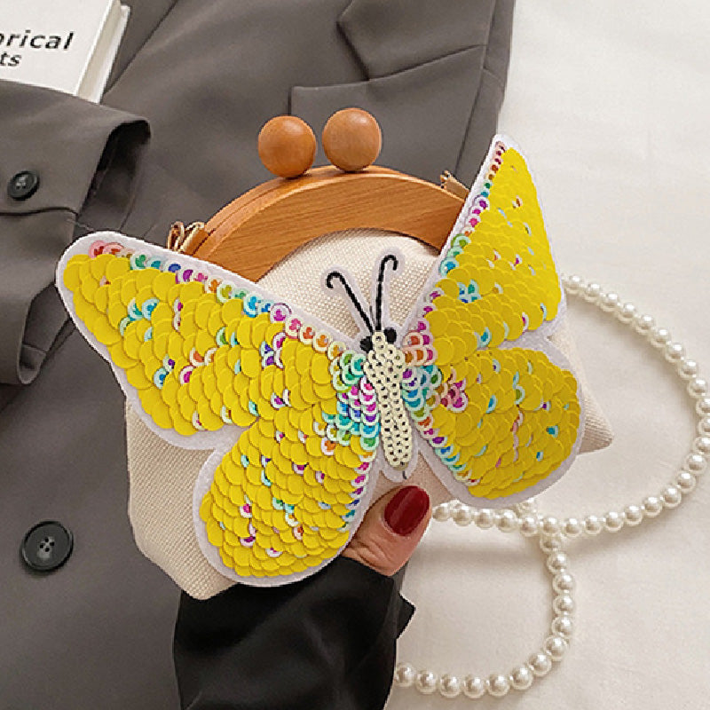 Casual Patchwork Butterfly Sequins Pearl Bags Yellow One Size