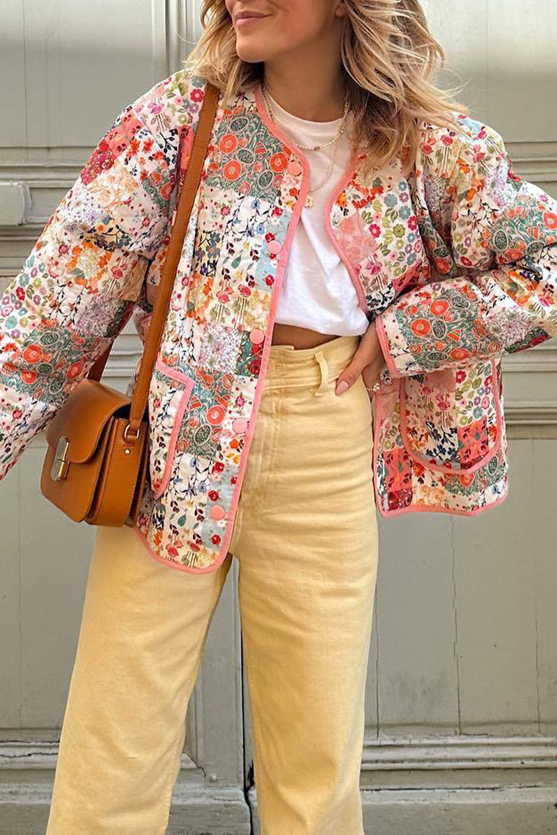 Sweet Print Floral Patchwork U Neck Outerwear