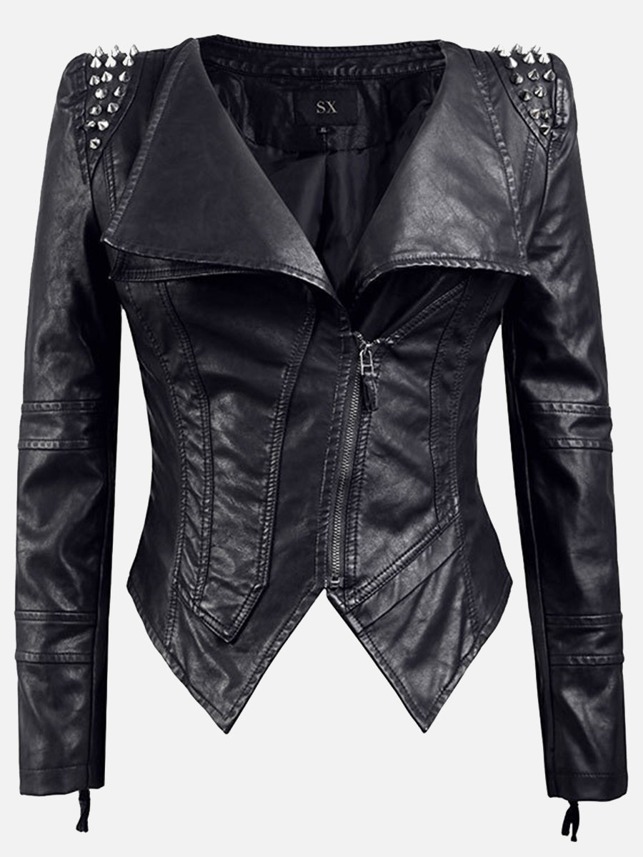 Casual Solid Rivets Turndown Collar Outerwear Black