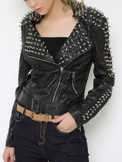 Casual Punk Solid Rivets Turndown Collar Outerwear