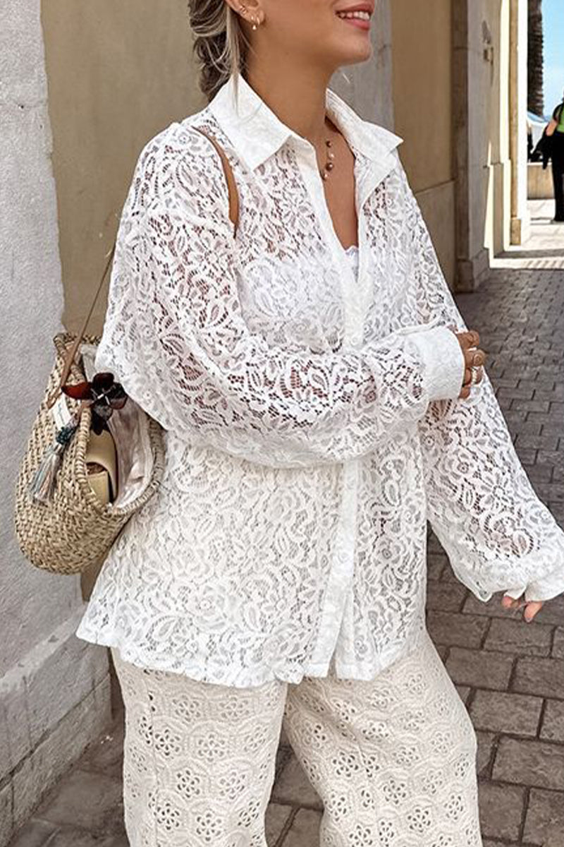 Sexy Solid Lace Hollowed Out Turndown Collar Tops