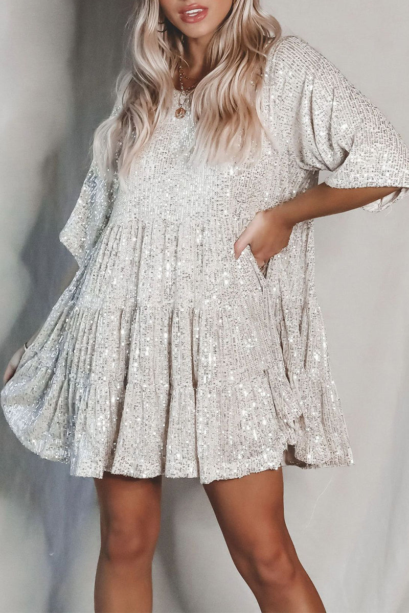 Elegant Solid Sequins O Neck Cake Skirt Short Sleeve Dress(4 Colors) Silver