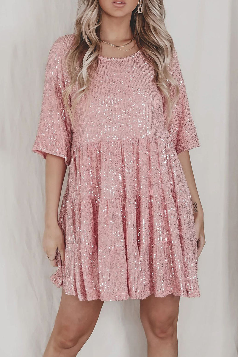 Elegant Solid Sequins O Neck Cake Skirt Short Sleeve Dress(4 Colors) Pink