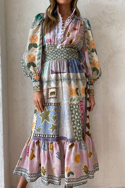 Elegant Print Patchwork Turndown Collar Printed Dress Dresses