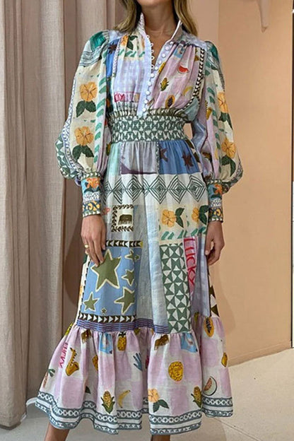 Elegant Print Patchwork Turndown Collar Printed Dress Dresses Colour