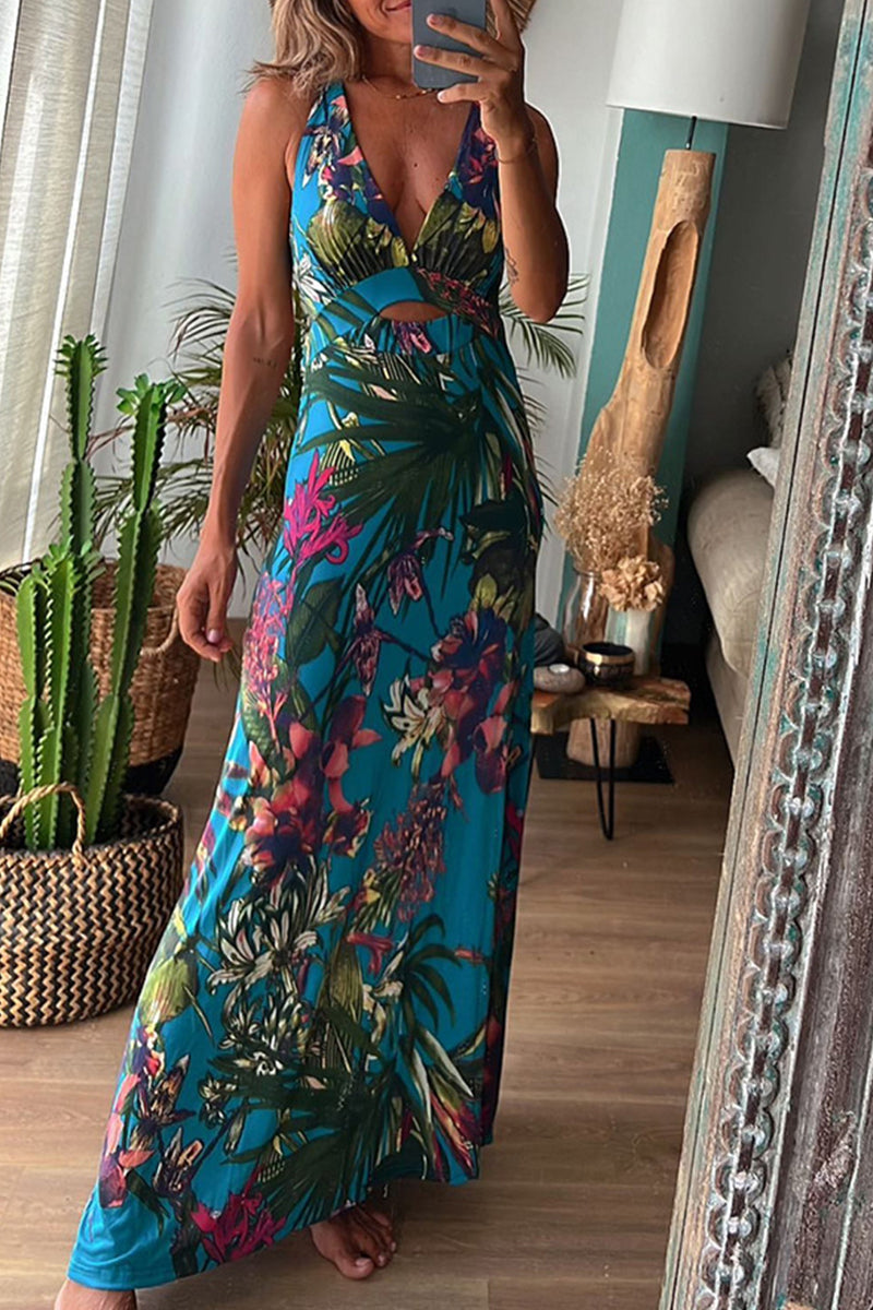 Sexy Vacation Floral Backless V Neck Printed Dress Dresses(3 Colors) Sky Blue