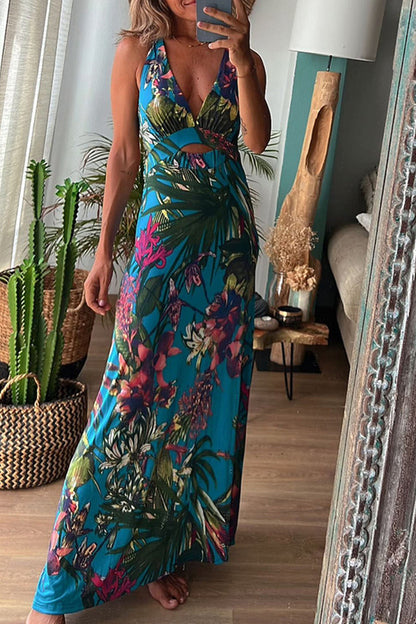 Sexy Vacation Floral Backless V Neck Printed Dress Dresses(3 Colors) Sky Blue