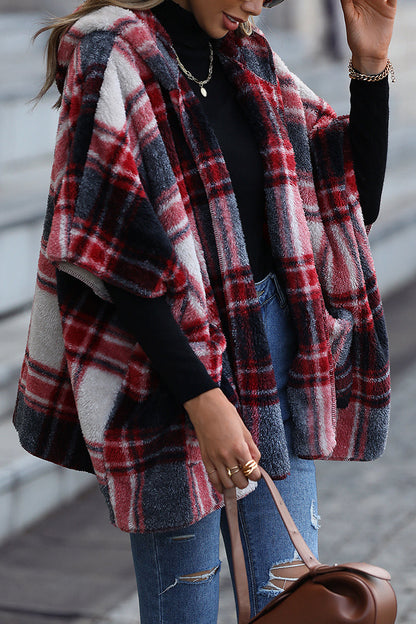 Street British Style Plaid Contrast Hooded Collar Outerwear