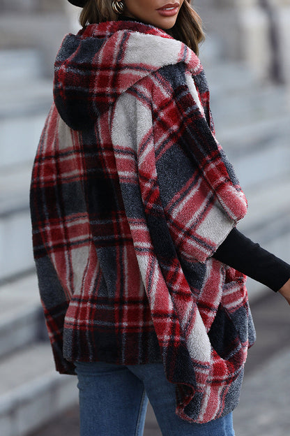 Street British Style Plaid Contrast Hooded Collar Outerwear