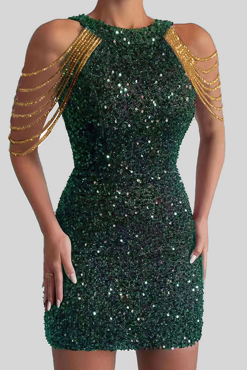 Sexy Elegant Solid Sequins Patchwork Chains O Neck Pencil Skirt Dresses