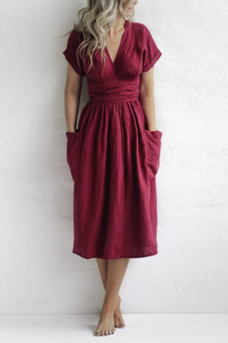 Casual Solid Bandage Pocket V Neck Short Sleeve Dress Dresses(4 Colors) Burgundy