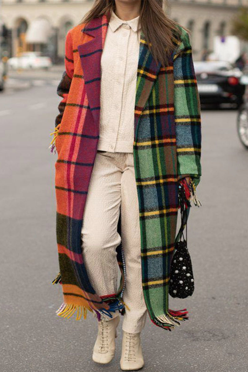 Street Elegant Plaid Contrast Turn-back Collar Outerwear Colour