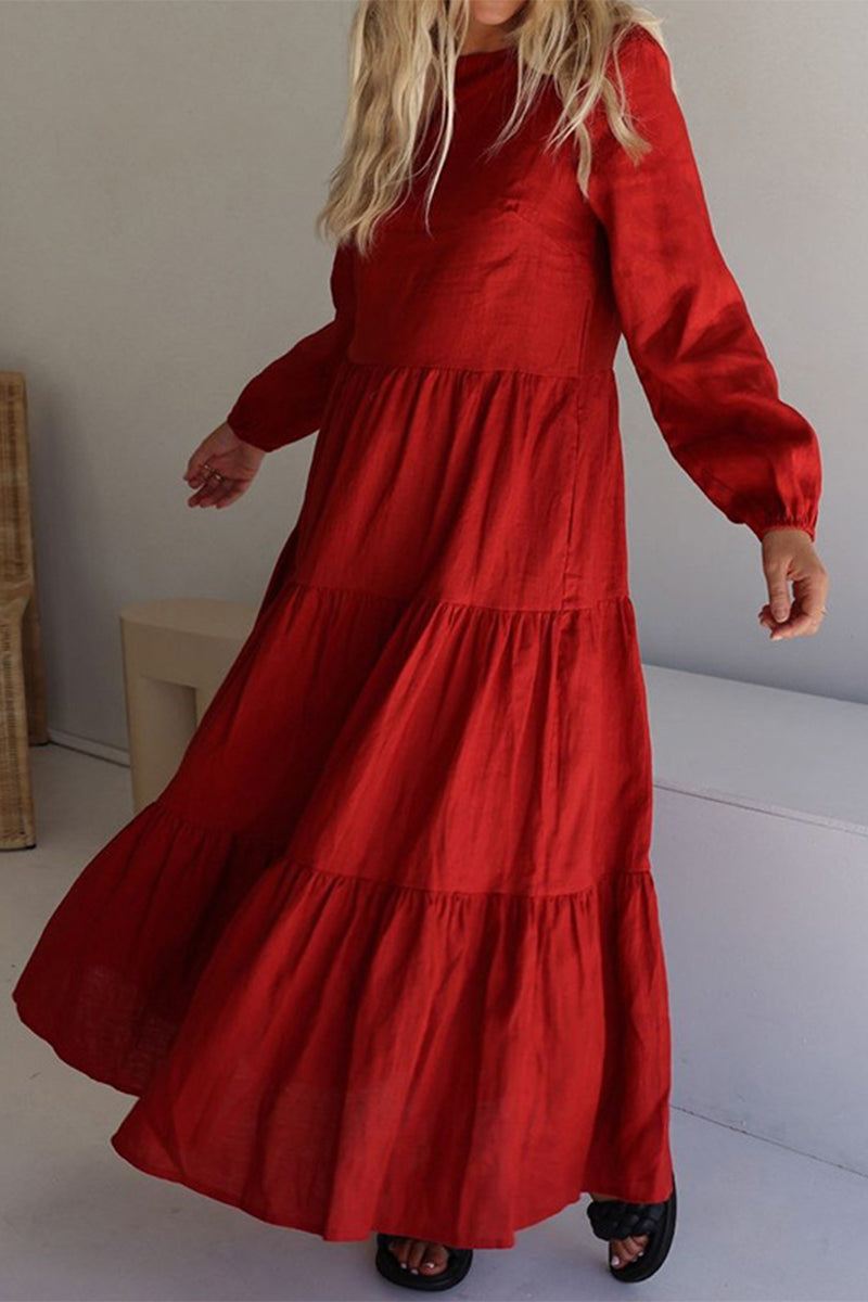 Casual Solid Patchwork O Neck Long Sleeve Dresses(3 Colors) Red