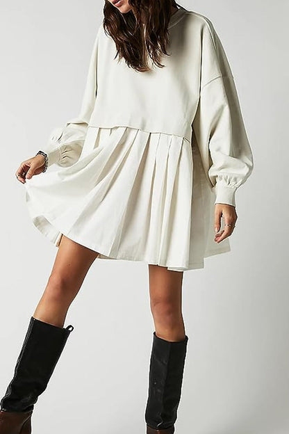 Casual Solid Patchwork Contrast O Neck Pleated Dresses White