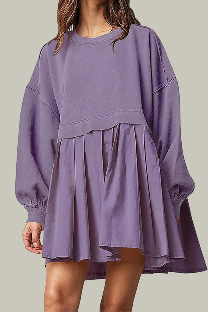 Casual Solid Patchwork Contrast O Neck Pleated Dresses Purple