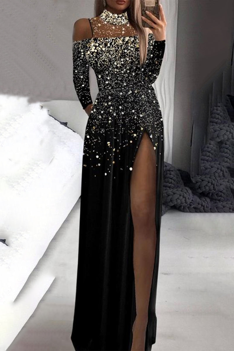 Elegant Formal Print Slit Sequined Turtleneck Evening Dress Dresses(Pattern Printing Is Not Sequins) Black