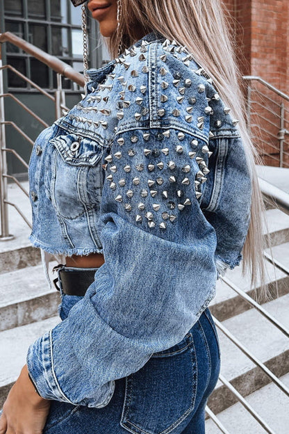 Street Punk Solid Rivets Turndown Collar Long Sleeve Loose Denim Jacket