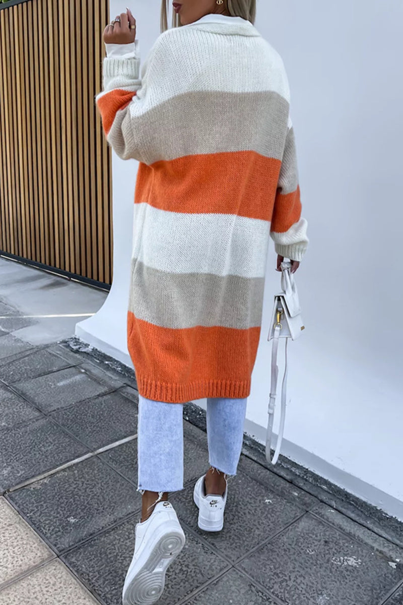 Casual Street Striped Contrast Cardigan Collar Outerwear