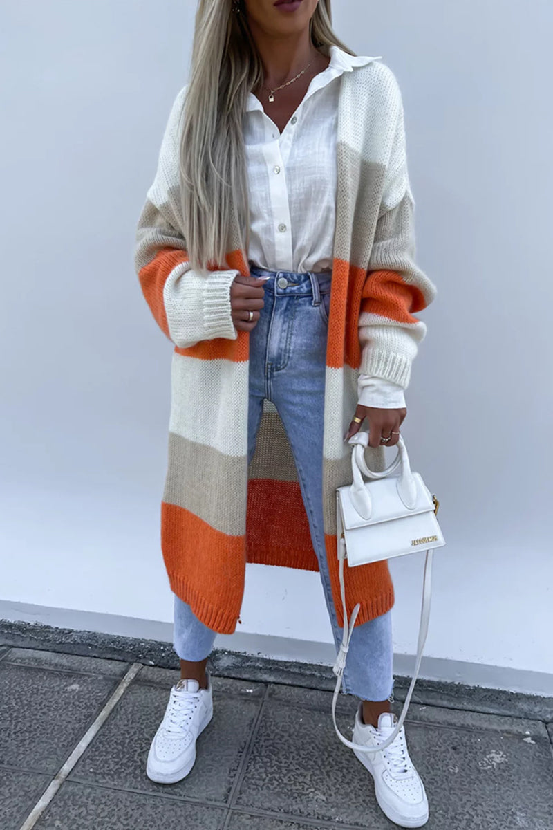 Casual Street Striped Contrast Cardigan Collar Outerwear