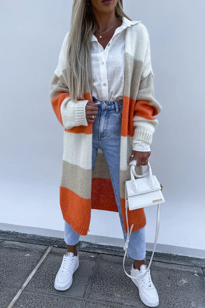 Casual Street Striped Contrast Cardigan Collar Outerwear