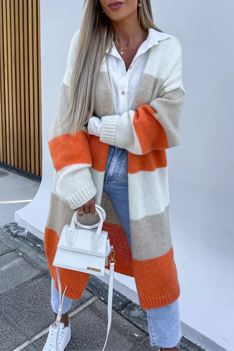 Casual Street Striped Contrast Cardigan Collar Outerwear Orange